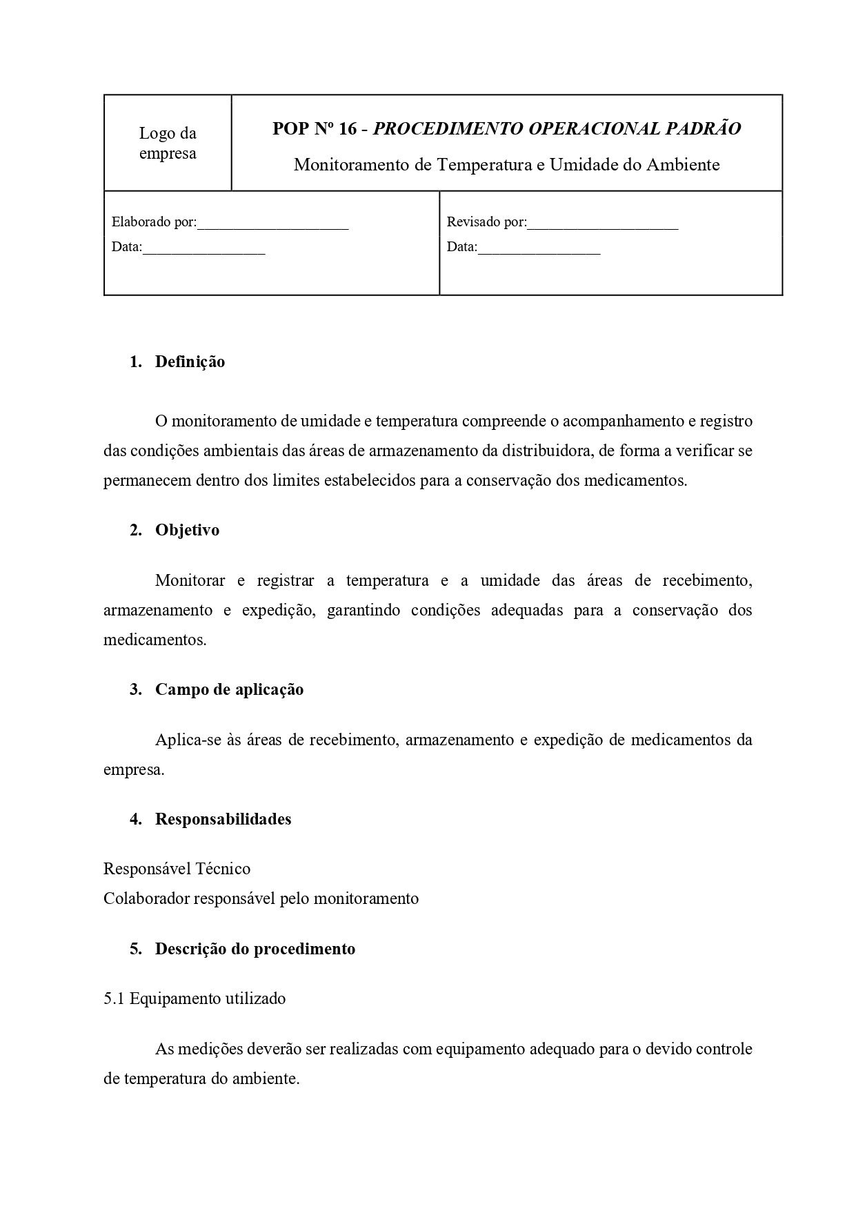 Prévia do POP 16 — Monitoramento de Temperatura e Umidade do Ambiente, página 1